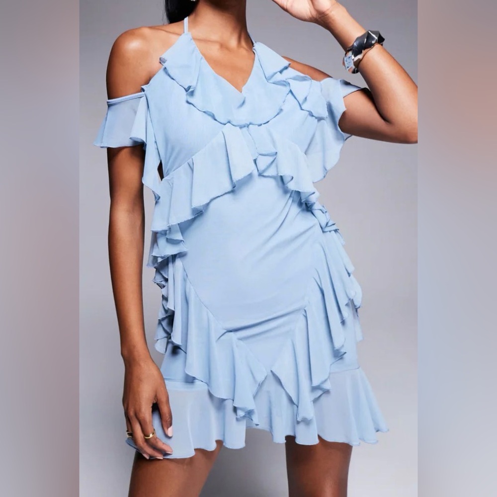 Elegant Backless Blue Ruffle Dress